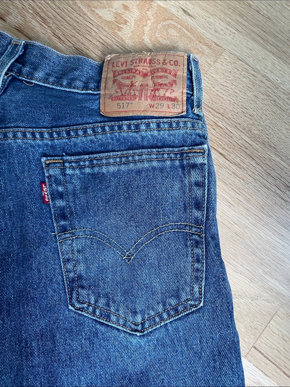 😎Levi's RED LABEL 517 Men's Slim Straight Jeans in Blue Denim Tan Leather Patch